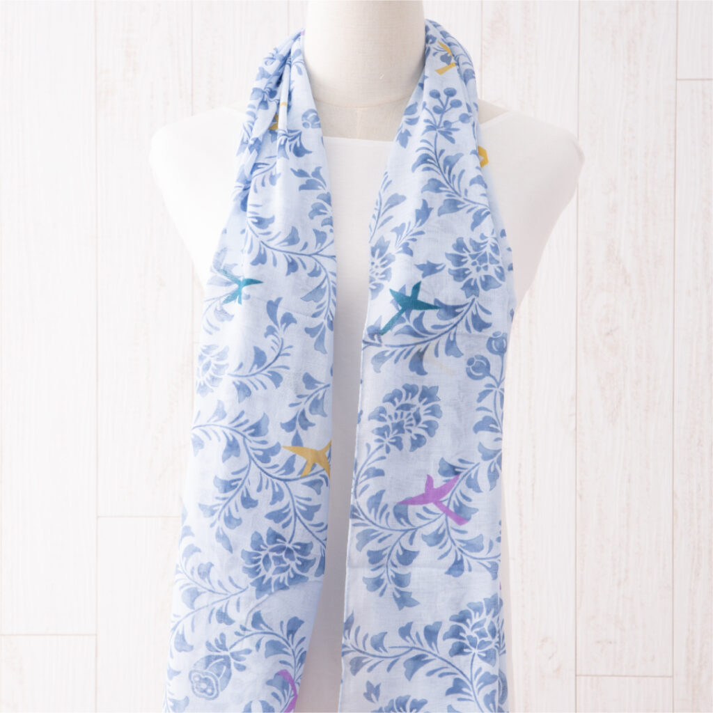 ガーゼチーフ　花鳥から草　ブルー